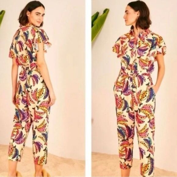 FARM Rio Pink Cream Ruffled Mandarin Collar Jumpsuit - Picture 1 of 12